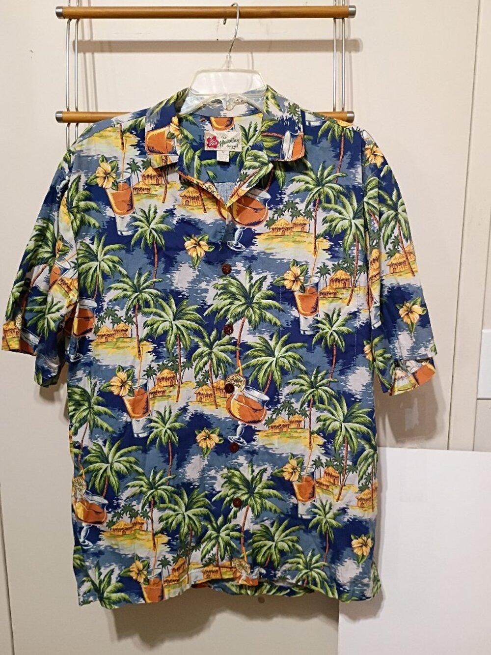 Vtg Hilo Hattie Tropical Drink Hawaiian Aloha Shirt Medium Cotton Rayon Blue